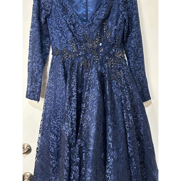 Mac Duggal Floral Waist Long Sleeve Dress Navy Size 6 NWT 112181 Elegant MOB - Picture 7 of 16